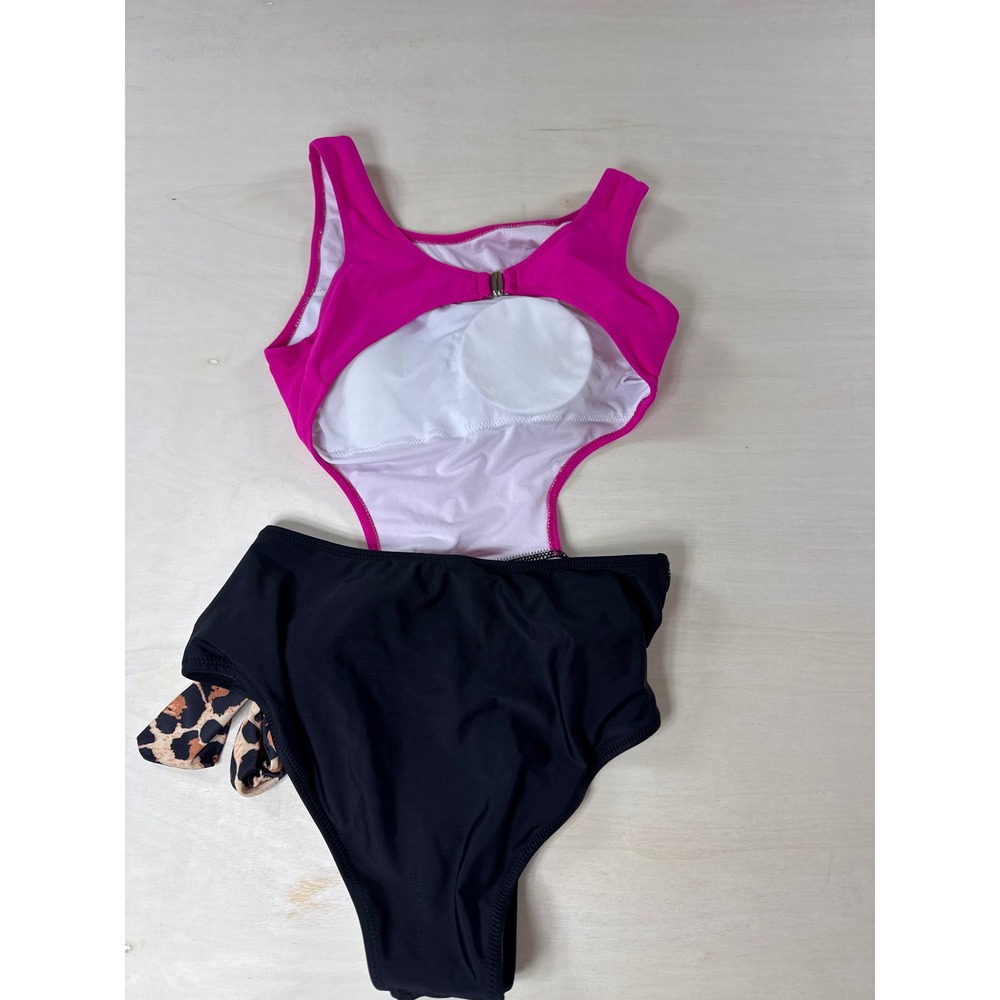 Hot Pink and Black Leopard Sash Cutout Monokini One Piece Swimsuit Small - Picture 3 of 4